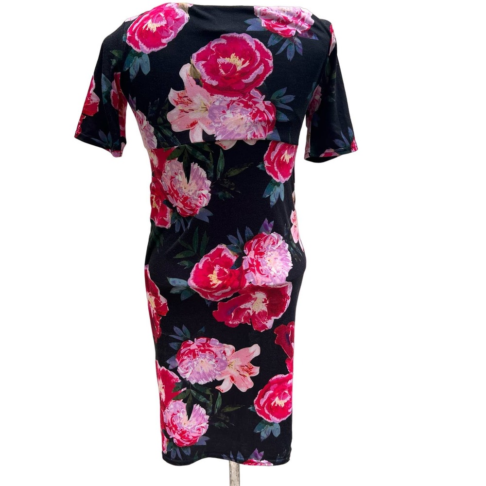 ASOS Maternity Floral Bodycon Midi Dress Size 4 Black Pink Rose Print Stretch - Picture 5 of 14